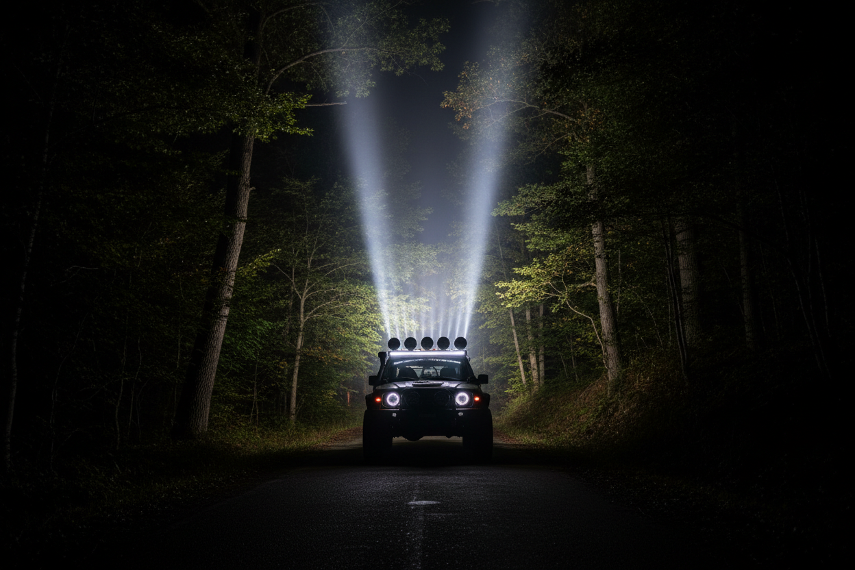 En bil som står och lyser ut mot skogen på en asfaltsväg med sina extraljus, kameran ska vara som tredjepersonsvinkel precis rakt bakom bilen så kameran riktas mot där extraljusen lysser ut mot skogen
